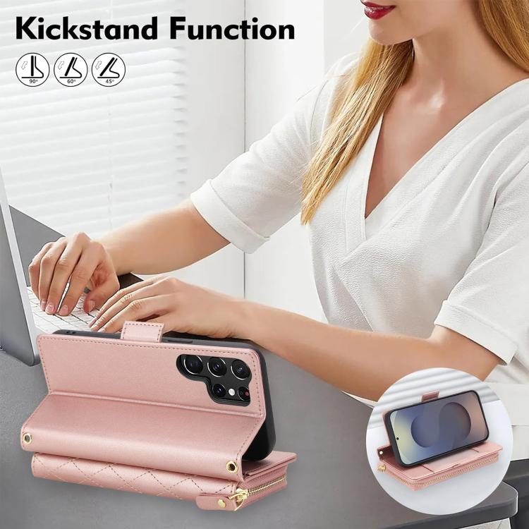 For Samsung Galaxy S26 Ultra 5G Crossbody Diamond Lattice Zipper Wallet RFID Vegan Leather Phone Case