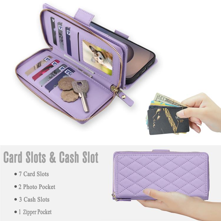 For Samsung Galaxy S26 Ultra 5G Crossbody Diamond Lattice Zipper Wallet RFID Vegan Leather Phone Case