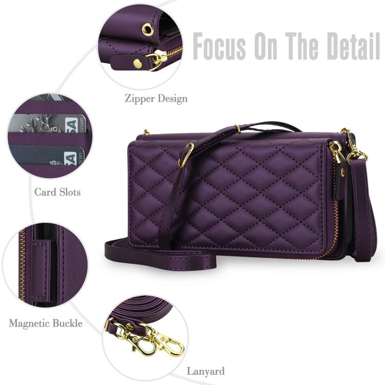 For Samsung Galaxy S26 Ultra 5G Crossbody Diamond Lattice Zipper Wallet RFID Vegan Leather Phone Case