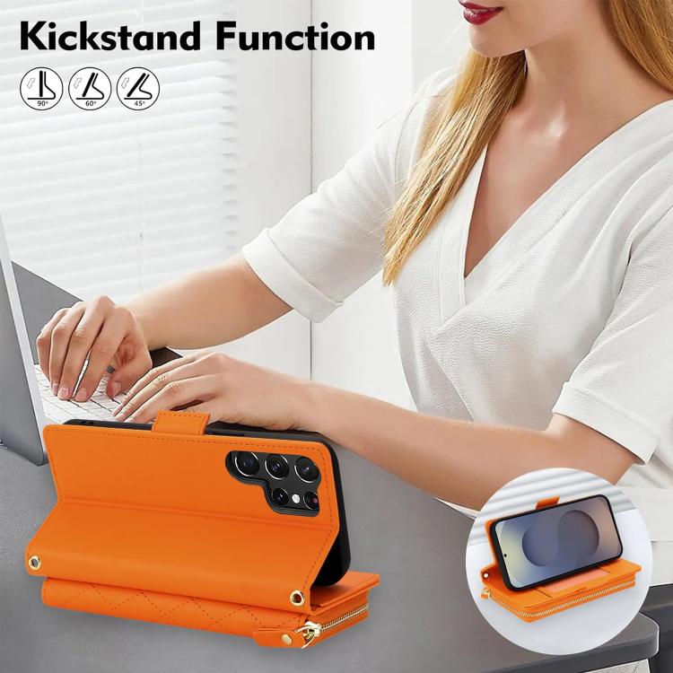For Samsung Galaxy S25 Ultra 5G Crossbody Diamond Lattice Zipper Wallet RFID Vegan Leather Phone Case