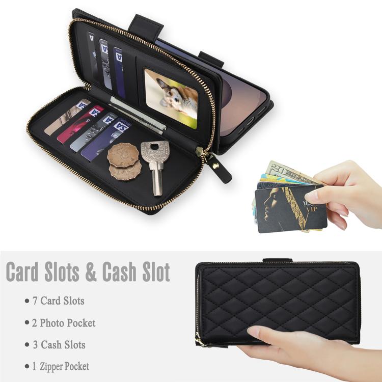 For Samsung Galaxy S25 Ultra 5G Crossbody Diamond Lattice Zipper Wallet RFID Vegan Leather Phone Case