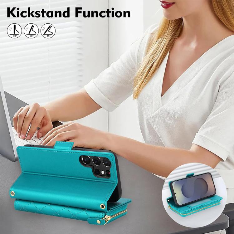 For Samsung Galaxy S25 Ultra 5G Crossbody Diamond Lattice Zipper Wallet RFID Vegan Leather Phone Case