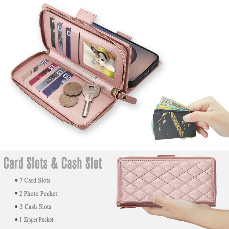 For Samsung Galaxy S25 Ultra 5G Crossbody Diamond Lattice Zipper Wallet RFID Vegan Leather Phone Case