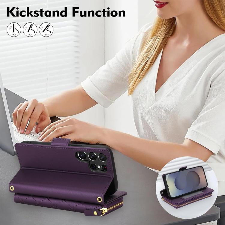 For Samsung Galaxy S25 Ultra 5G Crossbody Diamond Lattice Zipper Wallet RFID Vegan Leather Phone Case