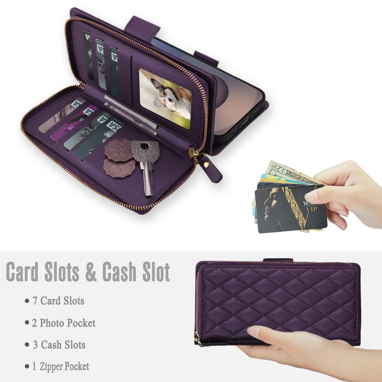 For Samsung Galaxy S24 Ultra 5G Crossbody Diamond Lattice Zipper Wallet RFID Vegan Leather Phone Case