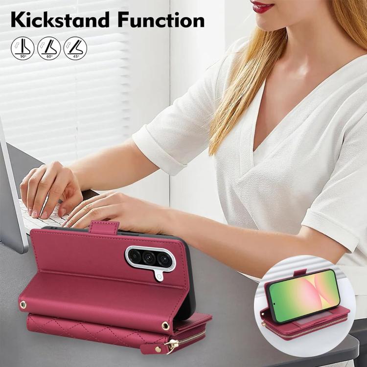 For Samsung Galaxy A54 5G Crossbody Diamond Lattice Zipper Wallet RFID Vegan Leather Phone Case