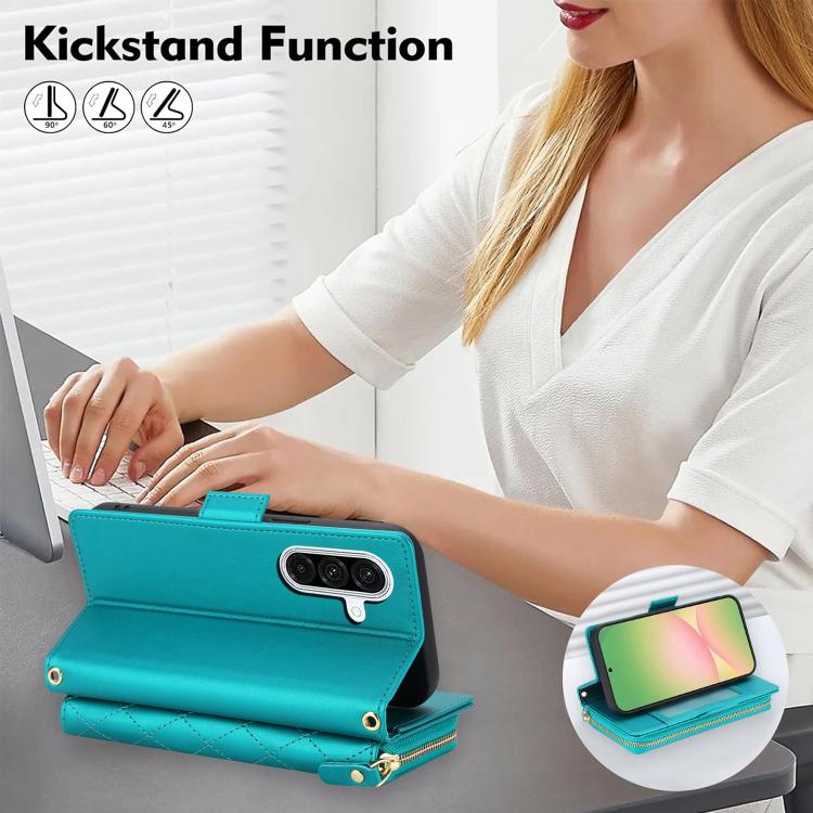 For Samsung Galaxy A54 5G Crossbody Diamond Lattice Zipper Wallet RFID Vegan Leather Phone Case