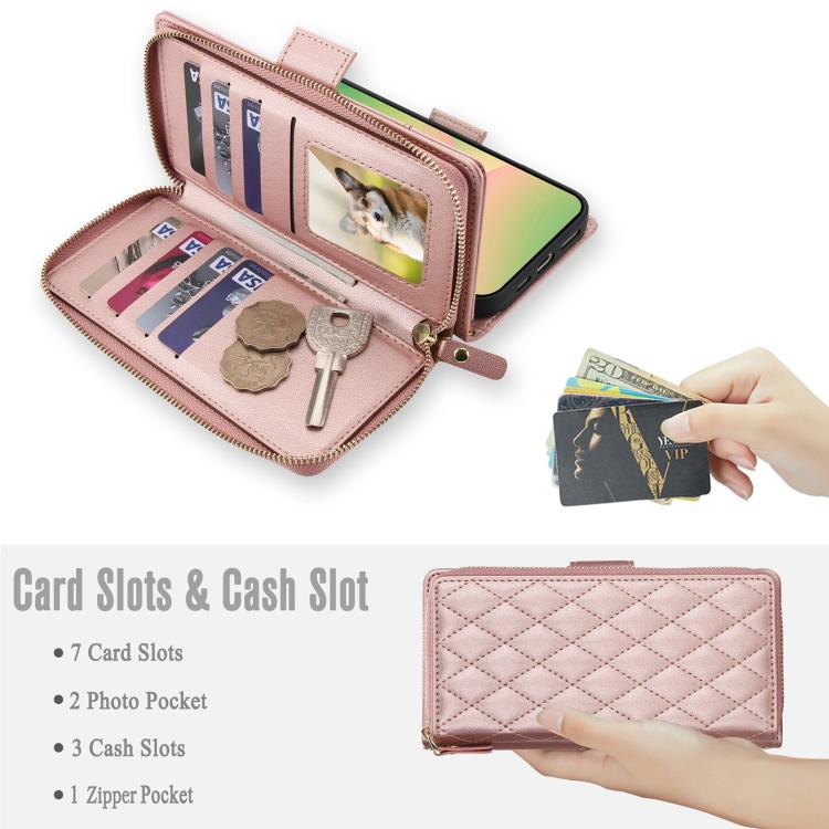 For Samsung Galaxy A54 5G Crossbody Diamond Lattice Zipper Wallet RFID Vegan Leather Phone Case