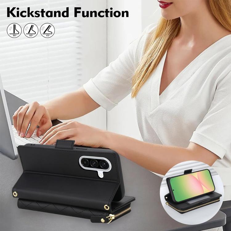 For Samsung Galaxy A57 5G Crossbody Diamond Lattice Zipper Wallet RFID Vegan Leather Phone Case