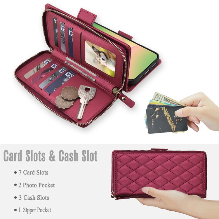 For Samsung Galaxy A57 5G Crossbody Diamond Lattice Zipper Wallet RFID Vegan Leather Phone Case