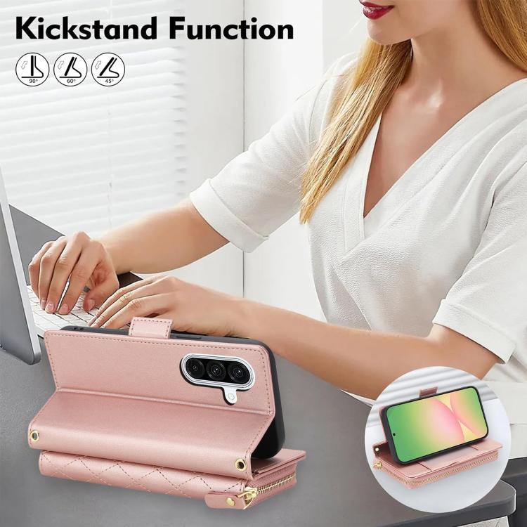 For Samsung Galaxy A57 5G Crossbody Diamond Lattice Zipper Wallet RFID Vegan Leather Phone Case