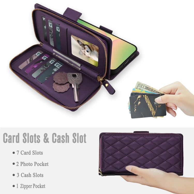 For Samsung Galaxy A57 5G Crossbody Diamond Lattice Zipper Wallet RFID Vegan Leather Phone Case