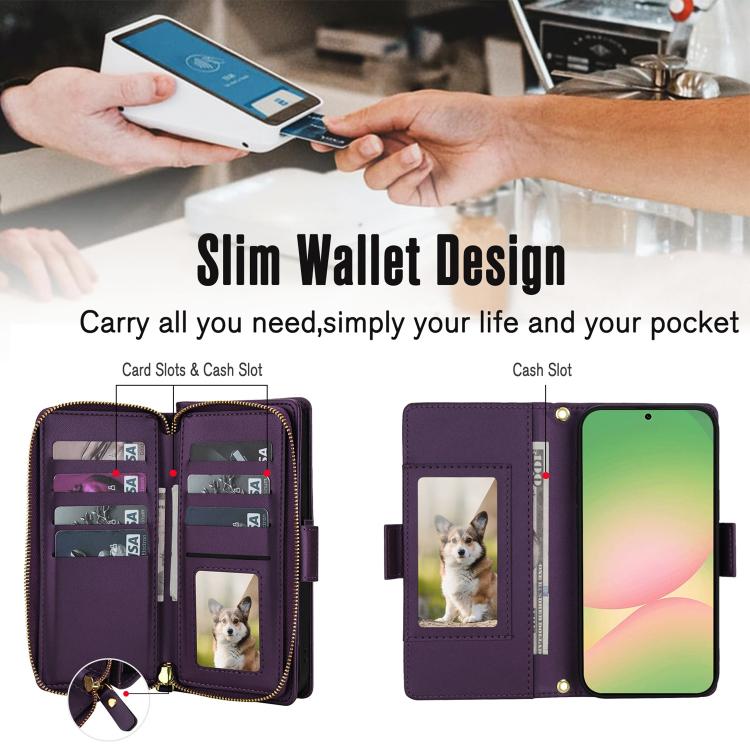 For Samsung Galaxy A57 5G Crossbody Diamond Lattice Zipper Wallet RFID Vegan Leather Phone Case