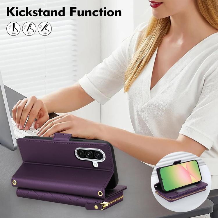 For Samsung Galaxy A57 5G Crossbody Diamond Lattice Zipper Wallet RFID Vegan Leather Phone Case