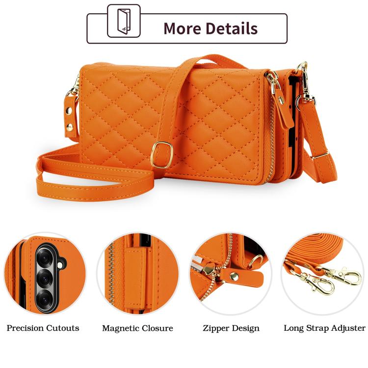 For Samsung Galaxy Z Fold7 5G Crossbody Diamond Lattice Zipper Wallet RFID Vegan Leather Phone Case