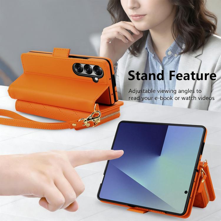 For Samsung Galaxy Z Fold7 5G Crossbody Diamond Lattice Zipper Wallet RFID Vegan Leather Phone Case