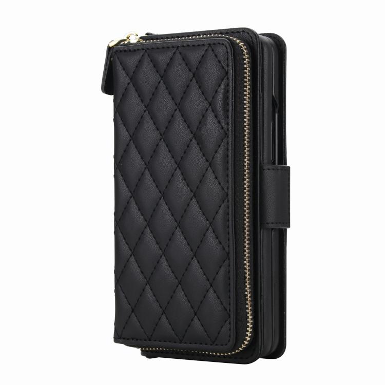 For Samsung Galaxy Z Fold7 5G Crossbody Diamond Lattice Zipper Wallet RFID Vegan Leather Phone Case