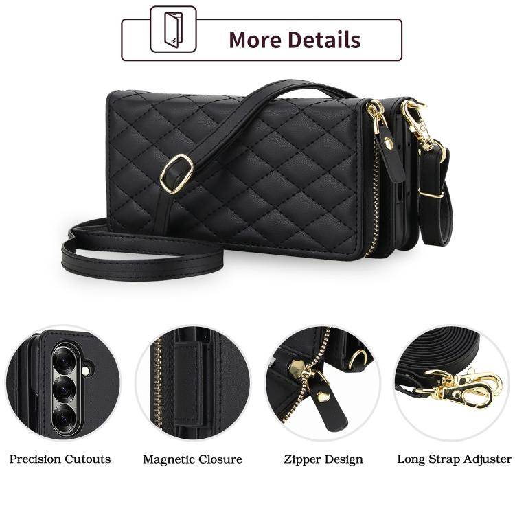 For Samsung Galaxy Z Fold7 5G Crossbody Diamond Lattice Zipper Wallet RFID Vegan Leather Phone Case
