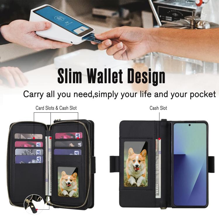 For Samsung Galaxy Z Fold7 5G Crossbody Diamond Lattice Zipper Wallet RFID Vegan Leather Phone Case