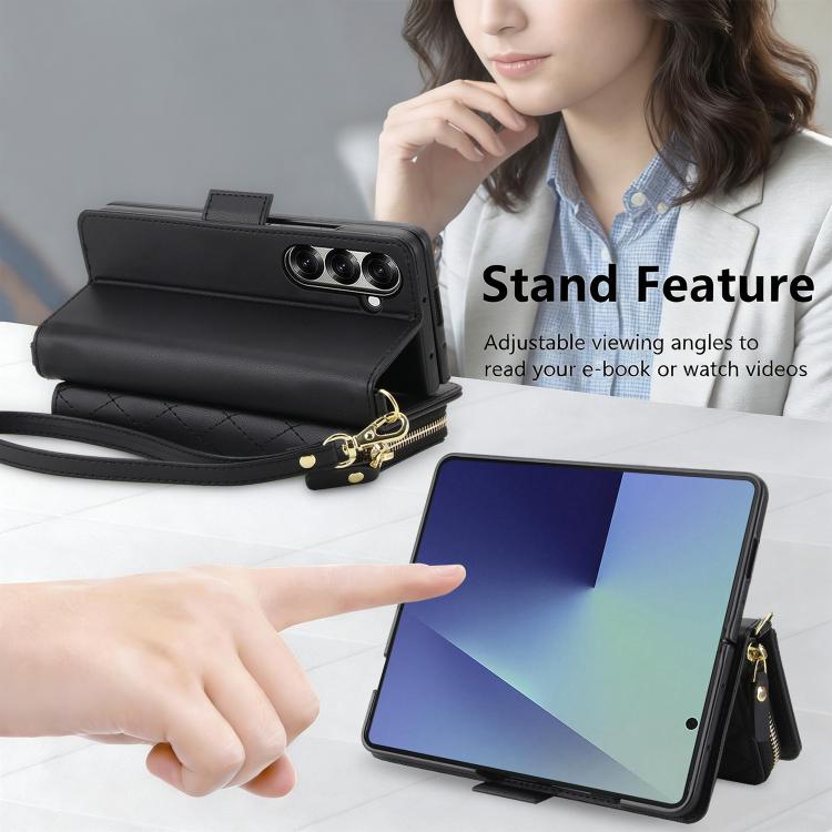 For Samsung Galaxy Z Fold7 5G Crossbody Diamond Lattice Zipper Wallet RFID Vegan Leather Phone Case