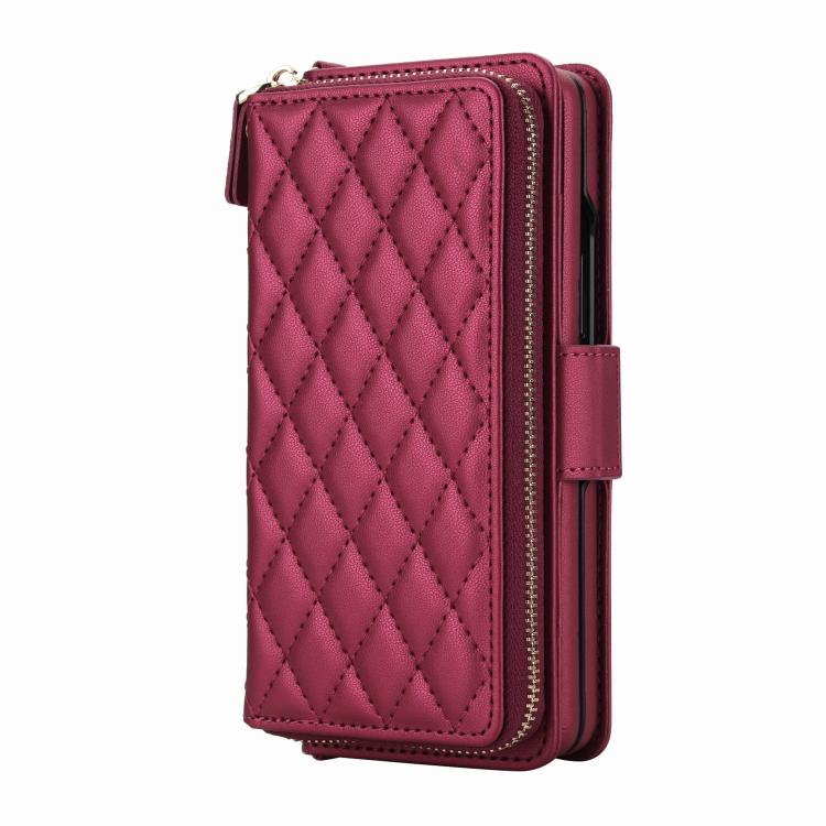 For Samsung Galaxy Z Fold7 5G Crossbody Diamond Lattice Zipper Wallet RFID Vegan Leather Phone Case