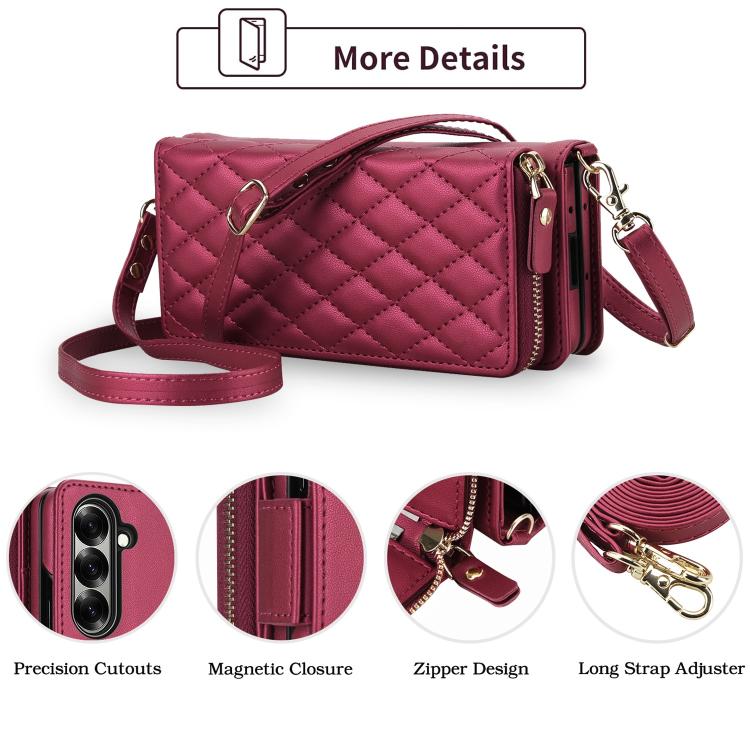 For Samsung Galaxy Z Fold7 5G Crossbody Diamond Lattice Zipper Wallet RFID Vegan Leather Phone Case
