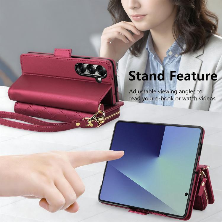 For Samsung Galaxy Z Fold7 5G Crossbody Diamond Lattice Zipper Wallet RFID Vegan Leather Phone Case
