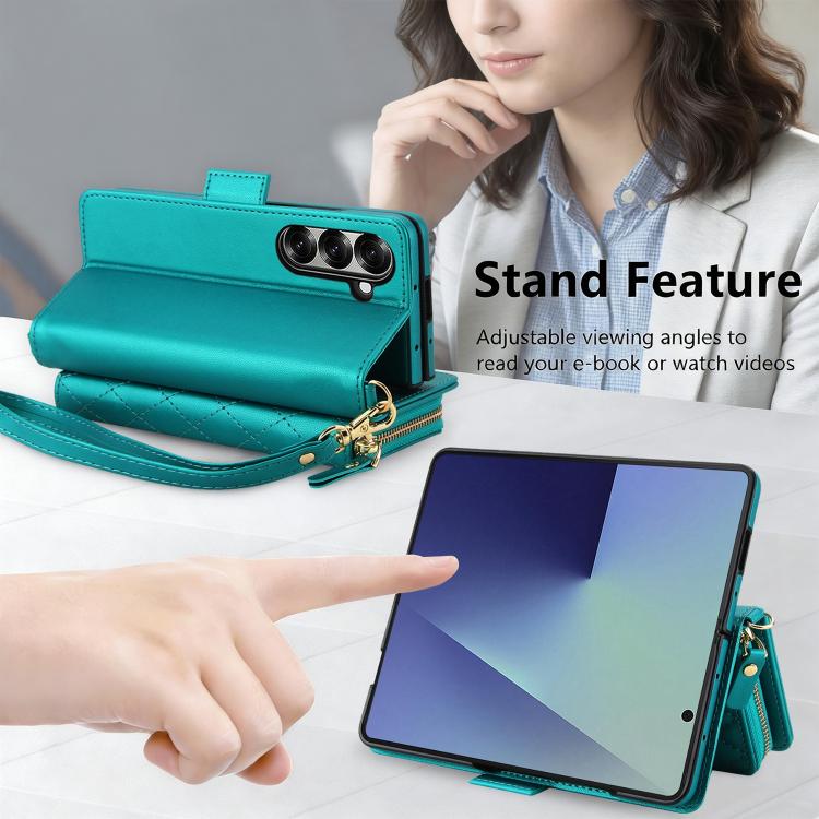 For Samsung Galaxy Z Fold7 5G Crossbody Diamond Lattice Zipper Wallet RFID Vegan Leather Phone Case
