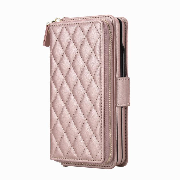 For Samsung Galaxy Z Fold7 5G Crossbody Diamond Lattice Zipper Wallet RFID Vegan Leather Phone Case