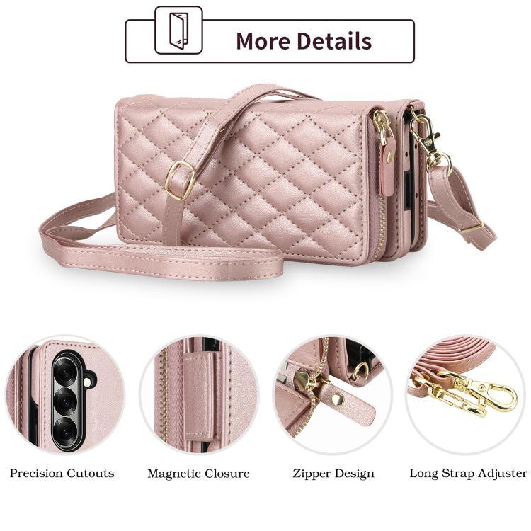 For Samsung Galaxy Z Fold7 5G Crossbody Diamond Lattice Zipper Wallet RFID Vegan Leather Phone Case