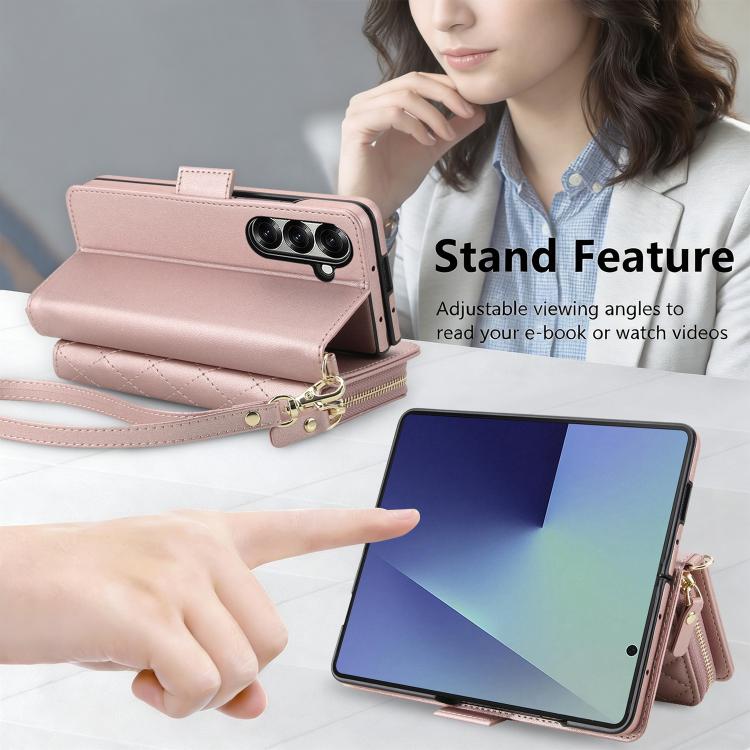 For Samsung Galaxy Z Fold7 5G Crossbody Diamond Lattice Zipper Wallet RFID Vegan Leather Phone Case