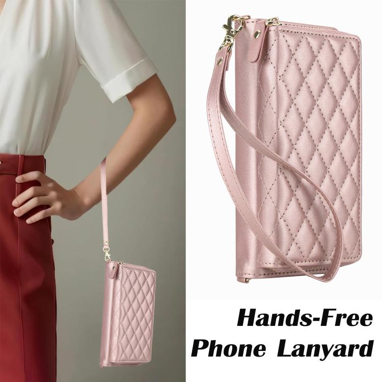 For Samsung Galaxy Z Fold7 5G Crossbody Diamond Lattice Zipper Wallet RFID Vegan Leather Phone Case