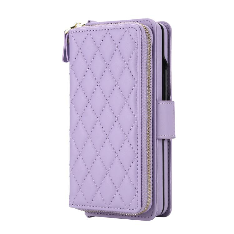 For Samsung Galaxy Z Fold7 5G Crossbody Diamond Lattice Zipper Wallet RFID Vegan Leather Phone Case