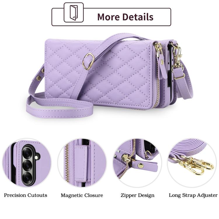For Samsung Galaxy Z Fold7 5G Crossbody Diamond Lattice Zipper Wallet RFID Vegan Leather Phone Case