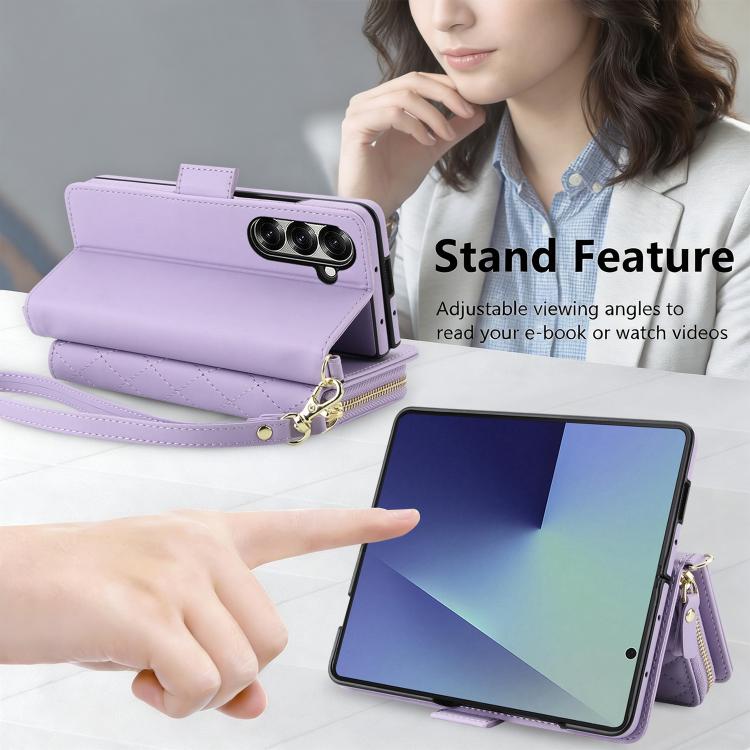 For Samsung Galaxy Z Fold7 5G Crossbody Diamond Lattice Zipper Wallet RFID Vegan Leather Phone Case
