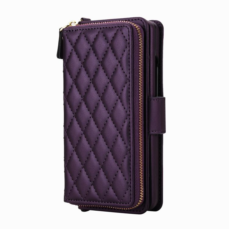 For Samsung Galaxy Z Fold7 5G Crossbody Diamond Lattice Zipper Wallet RFID Vegan Leather Phone Case