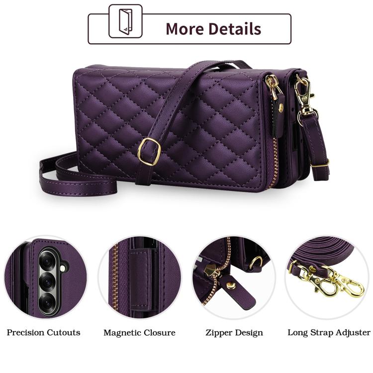 For Samsung Galaxy Z Fold7 5G Crossbody Diamond Lattice Zipper Wallet RFID Vegan Leather Phone Case