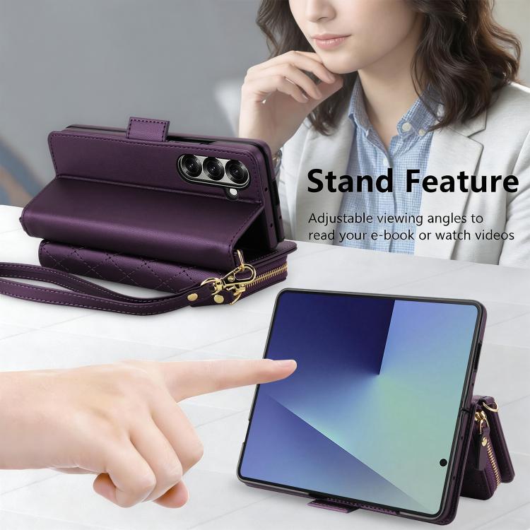 For Samsung Galaxy Z Fold7 5G Crossbody Diamond Lattice Zipper Wallet RFID Vegan Leather Phone Case