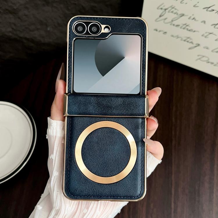 For Samsung Galaxy Z Flip7 Electroplated Magnetic Cowhide Vegan Leather Back Phone Case