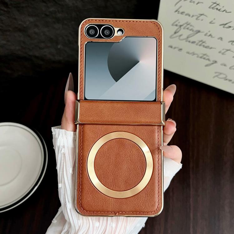 For Samsung Galaxy Z Flip7 Electroplated Magnetic Cowhide Vegan Leather Back Phone Case