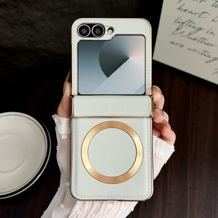 For Samsung Galaxy Z Flip6 Electroplated Magnetic Cowhide Vegan Leather Back Phone Case
