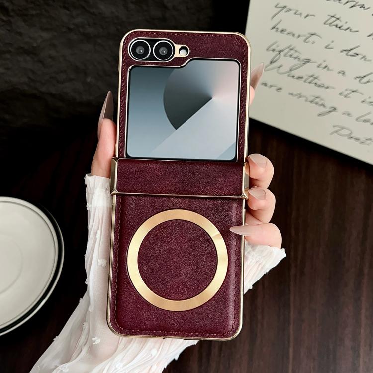 For Samsung Galaxy Z Flip5 Electroplated Magnetic Cowhide Vegan Leather Back Phone Case