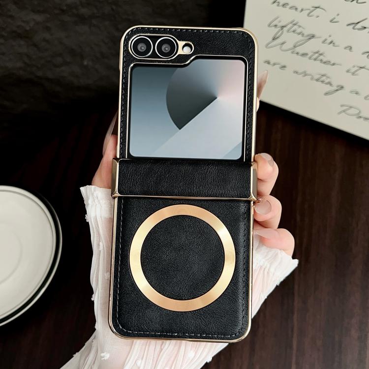For Samsung Galaxy Z Flip3 Electroplated Magnetic Cowhide Vegan Leather Back Phone Case