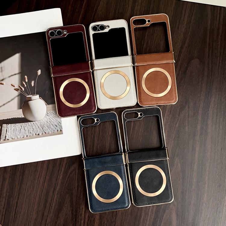 For Samsung Galaxy Z Flip6 Electroplated Magnetic Cowhide Vegan Leather Back Phone Case