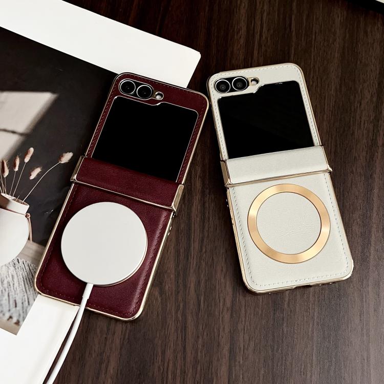 For Samsung Galaxy Z Flip7 Electroplated Magnetic Cowhide Vegan Leather Back Phone Case
