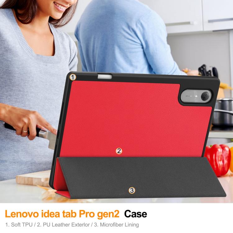 For Lenovo Idea Tab Pro Gen2 13.0 Custer TPU Pure Color 3-Fold Holder Smart Leather Tablet Case with Pen Tray