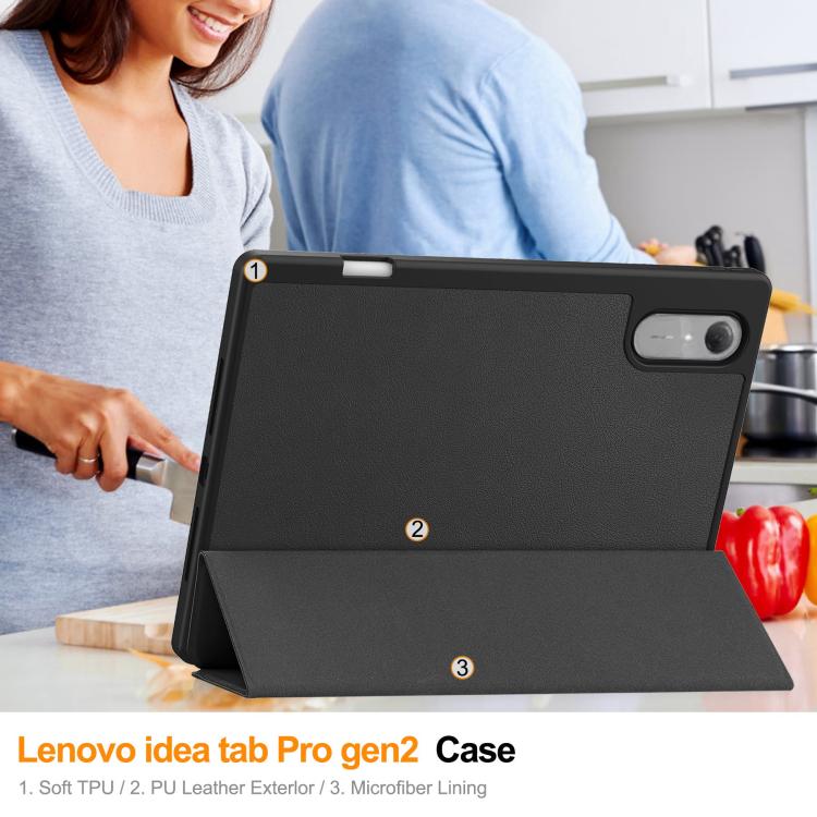 For Lenovo Idea Tab Pro Gen2 13.0 Custer TPU Pure Color 3-Fold Holder Smart Leather Tablet Case with Pen Tray