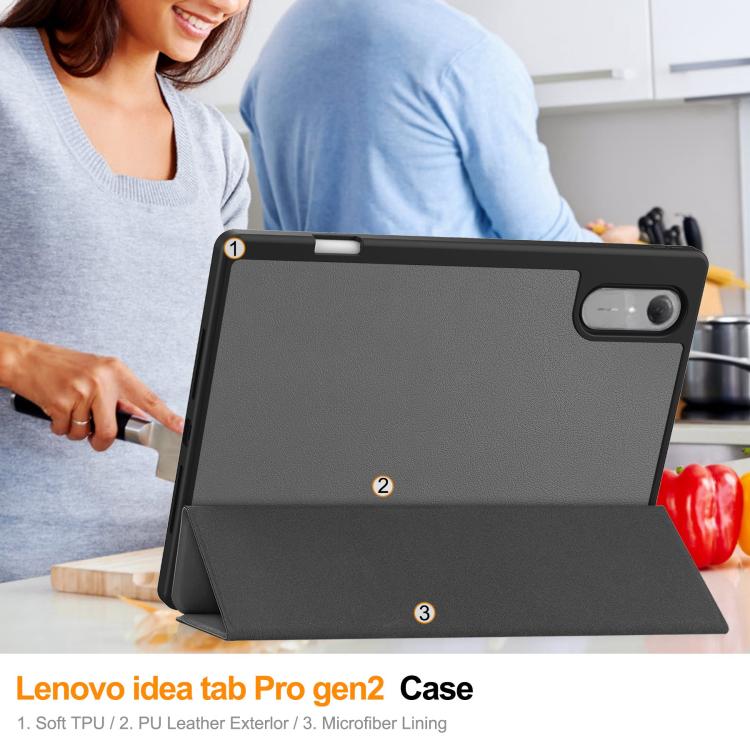 For Lenovo Idea Tab Pro Gen2 13.0 Custer TPU Pure Color 3-Fold Holder Smart Leather Tablet Case with Pen Tray