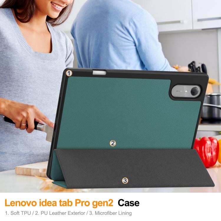 For Lenovo Idea Tab Pro Gen2 13.0 Custer TPU Pure Color 3-Fold Holder Smart Leather Tablet Case with Pen Tray