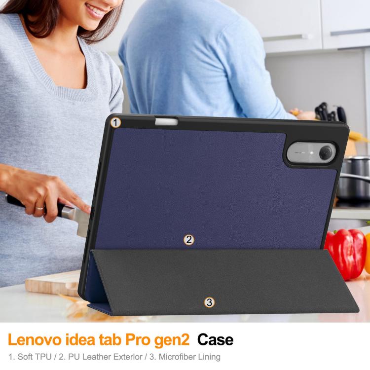 For Lenovo Idea Tab Pro Gen2 13.0 Custer TPU Pure Color 3-Fold Holder Smart Leather Tablet Case with Pen Tray
